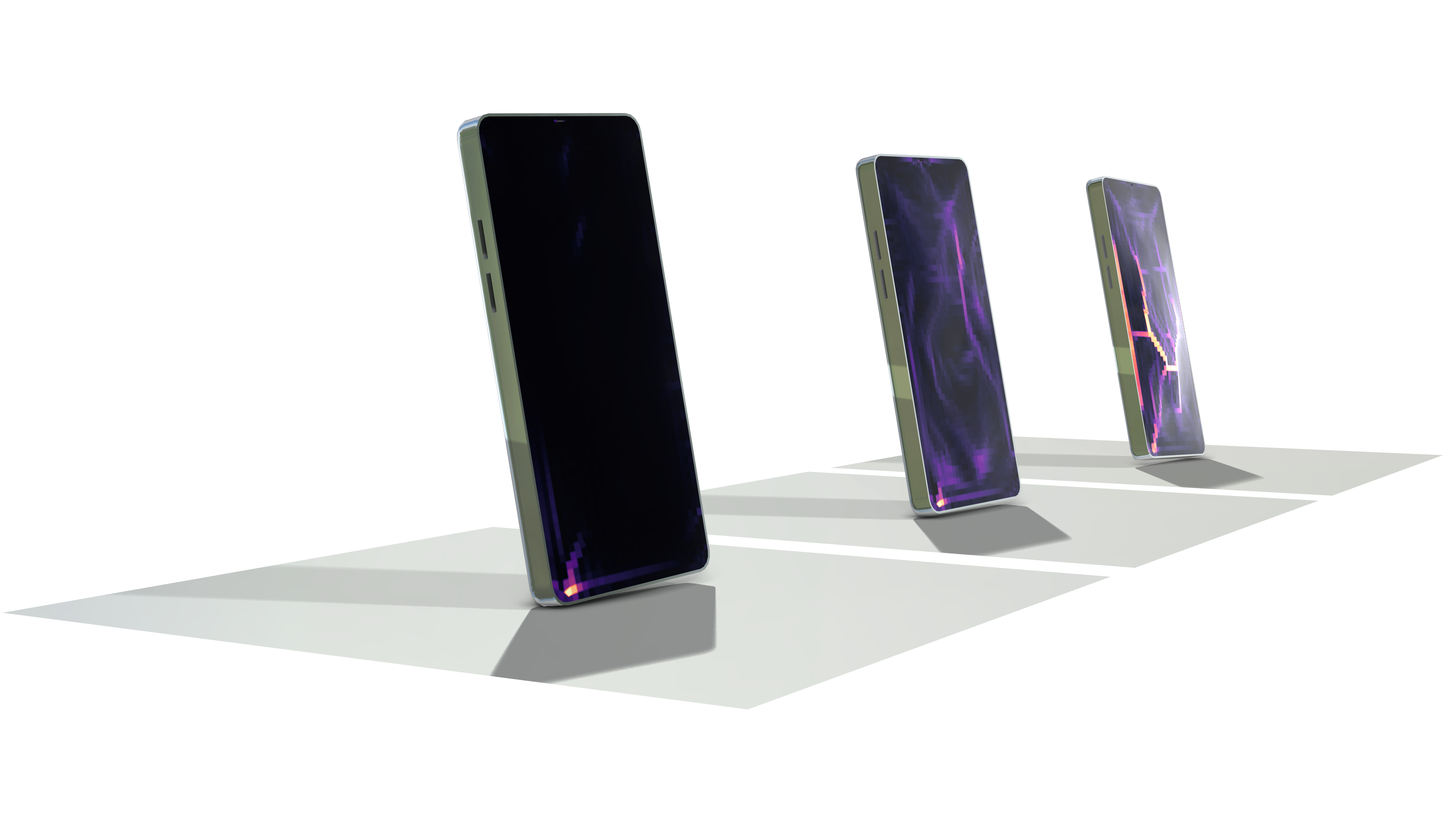 Three side-by-side plots showing cracks propagating in the glass screen of a cell phone.
