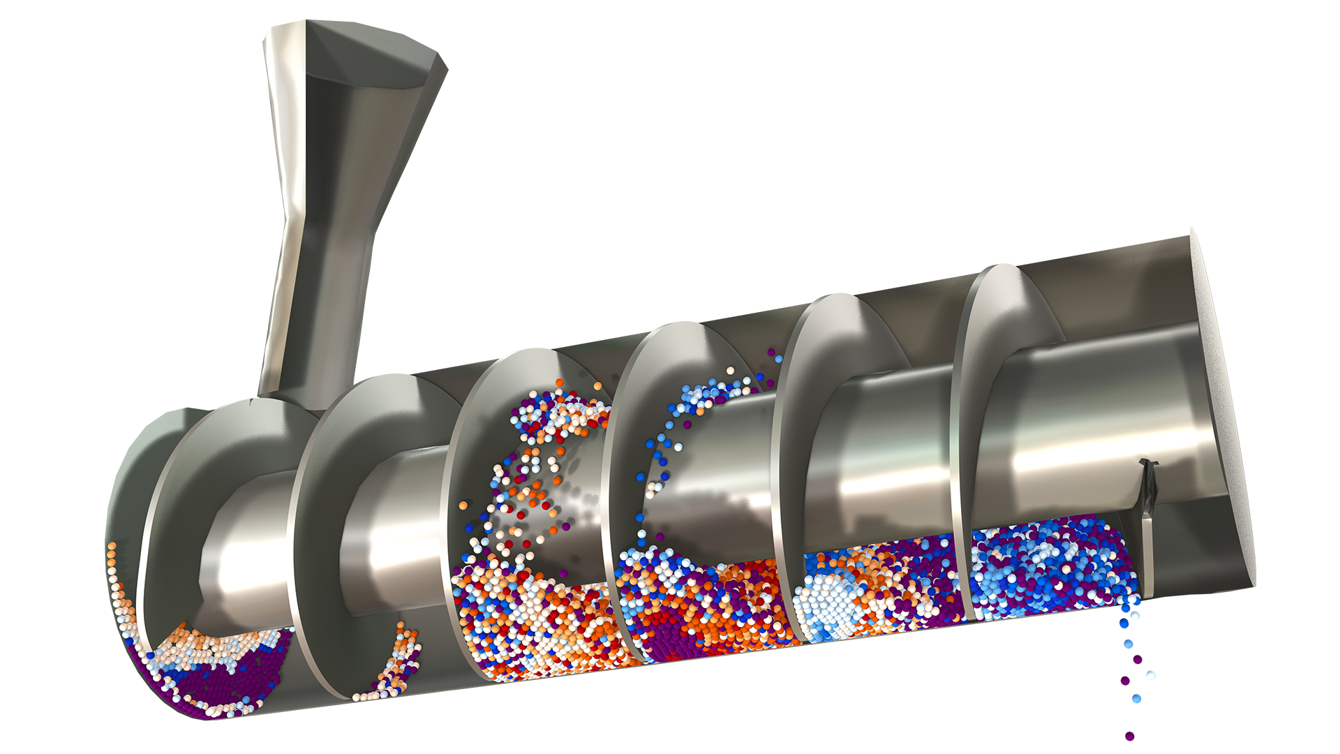 A 3D model of grains being transported using a screw conveyor.