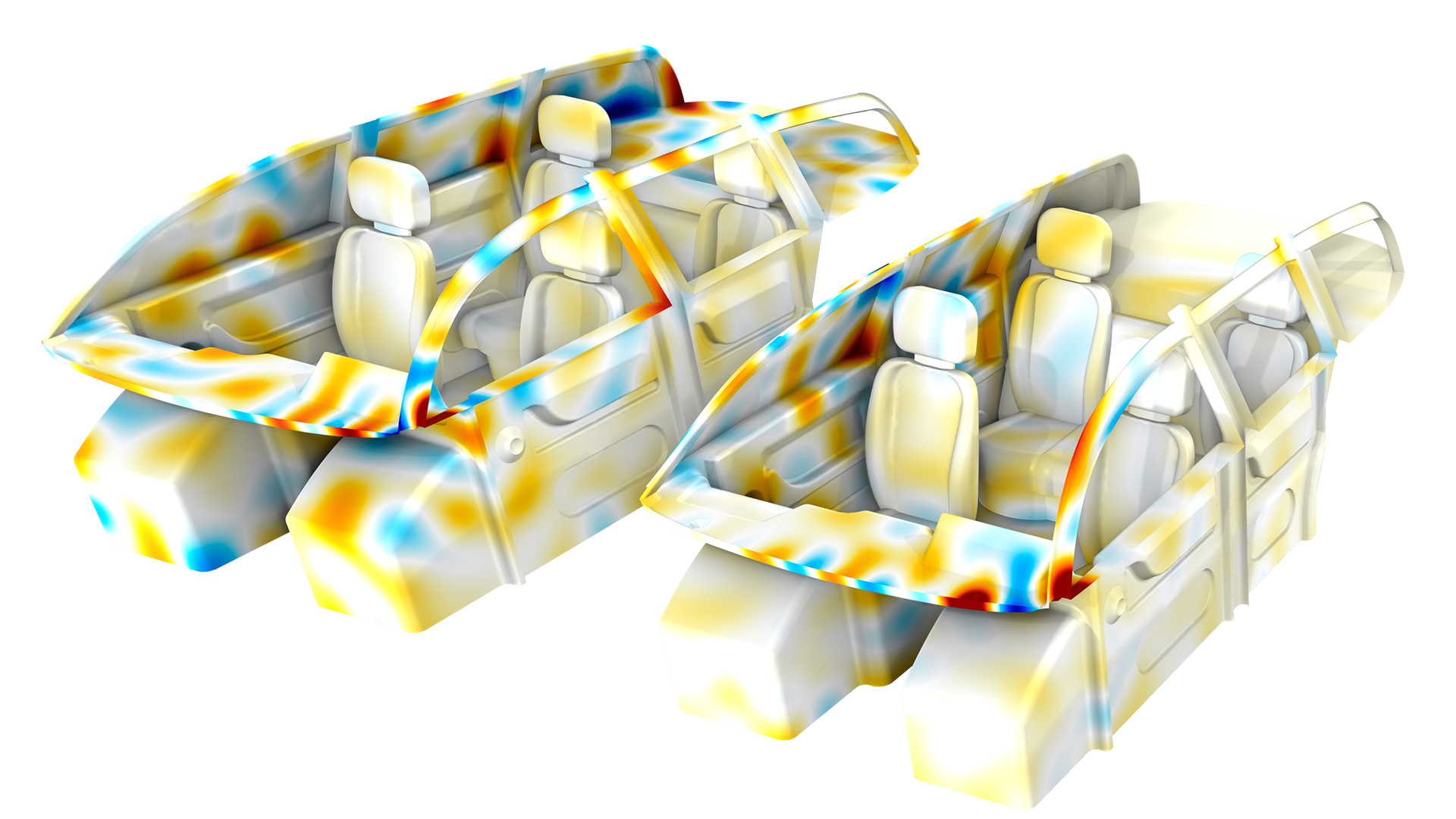 Two 3D car cabin models showing acoustic particle velocity magnitude.